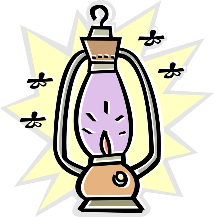 Vector Illustration of Portable Camping Lantern or Lamp Lighting Device with Flying Insects