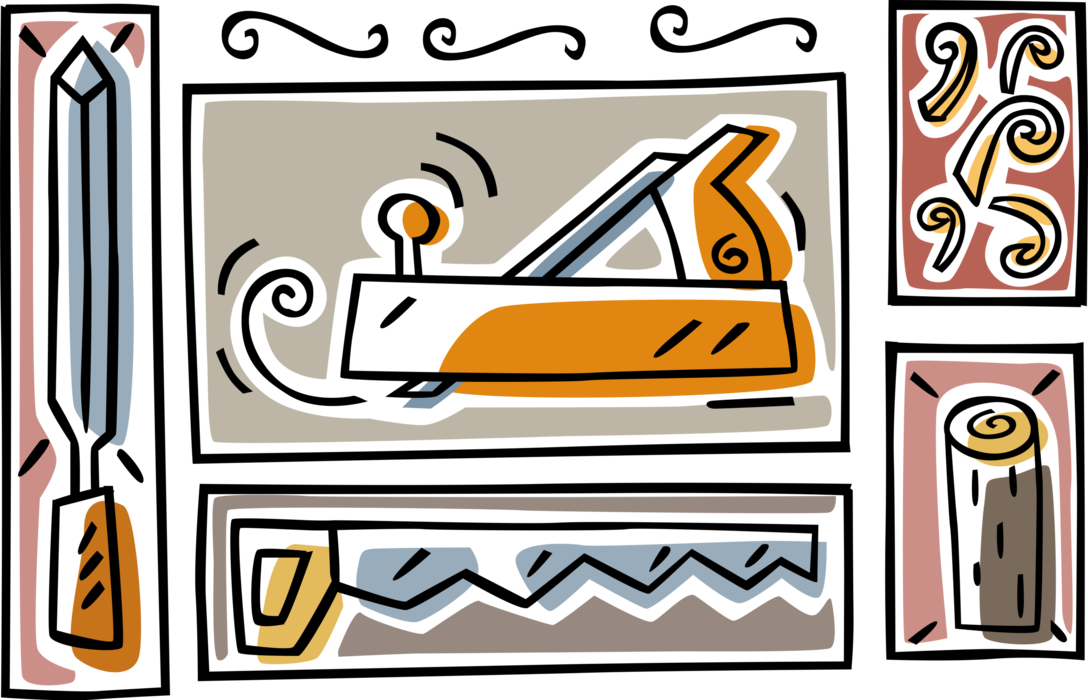 Vector Illustration of Carpentry and Woodworking Tools with Wood Chisel and Plane