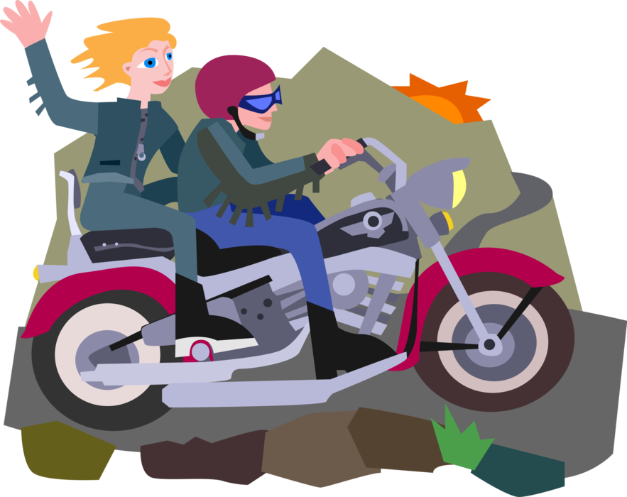 Vector Illustration of Riders Ride Motorcycle or Motorbike Motor Vehicle Through Mountains