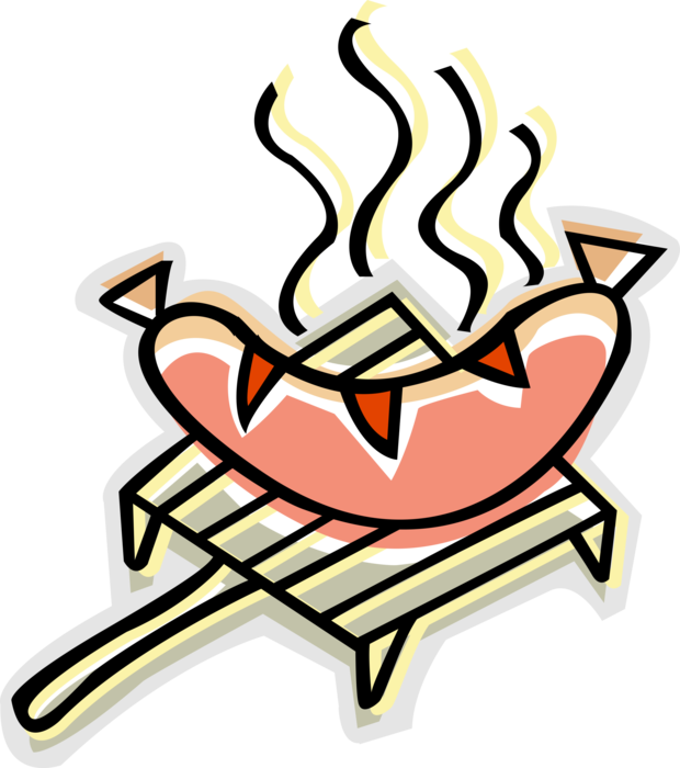 Vector Illustration of Grilled Hot Dog or Hotdog Frankfurter Sausage on Barbecue, Barbeque or BBQ Outdoor Cooking Grill 