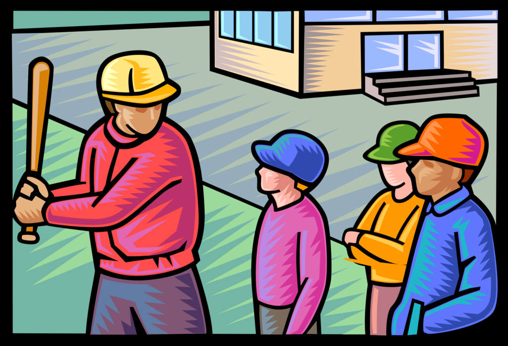 Vector Illustration of Coach with Students on School Baseball Team Players