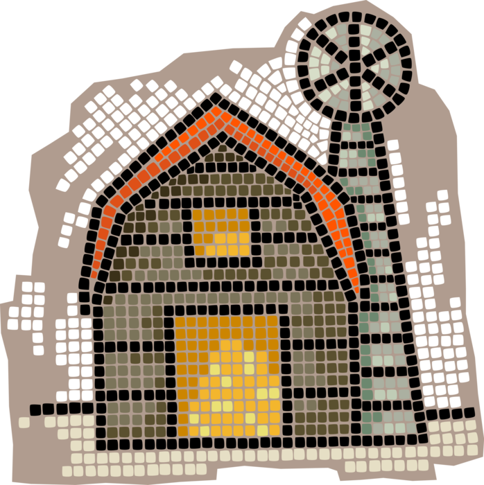 Vector Illustration of Decorative Mosaic Farm Barn with Windmill or Farming Wind Engine