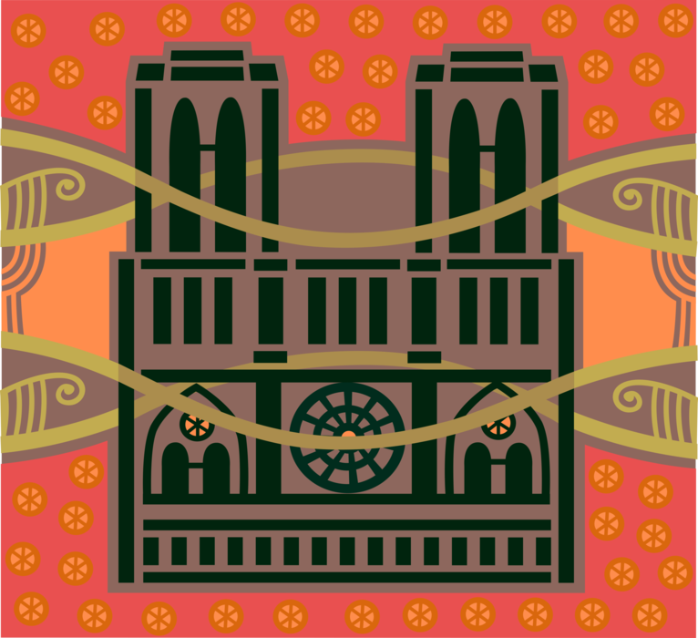 Vector Illustration of Notre-Dame Medieval Catholic Christian Church Cathedral in Paris, France on the River Seine