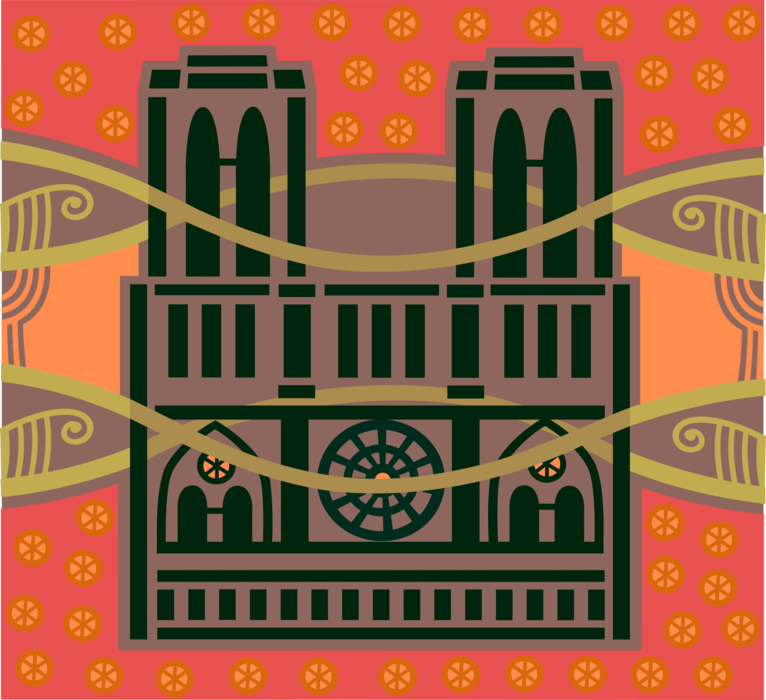 Vector Illustration of Notre-Dame Medieval Catholic Christian Church Cathedral in Paris, France on the River Seine