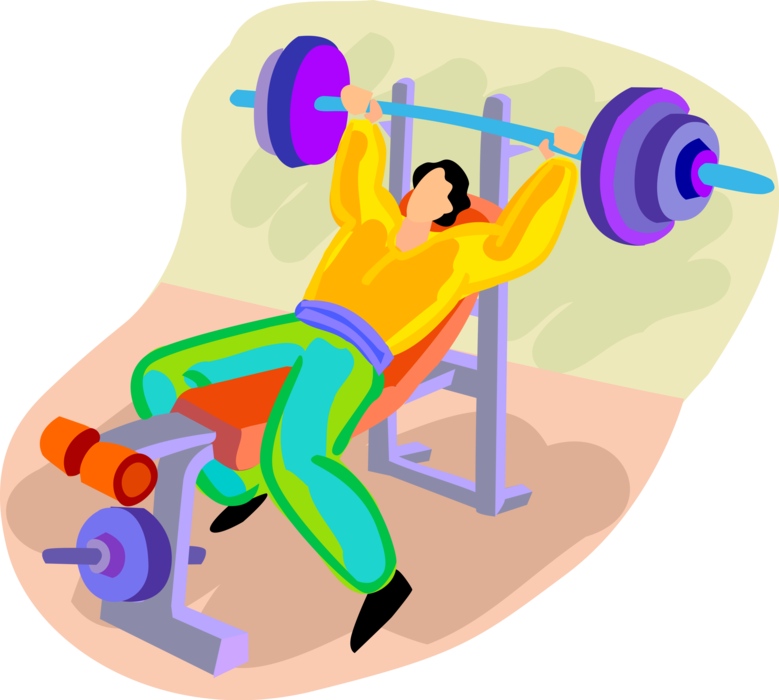 Vector Illustration of Physical Fitness Exercise Working Out with Bench Press Barbell Weights