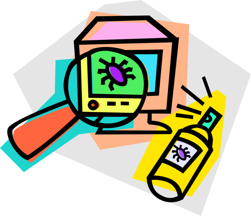 Vector Illustration of Computer Virus Malicious Malware Bug with Insect Repellent and Magnifying Glass