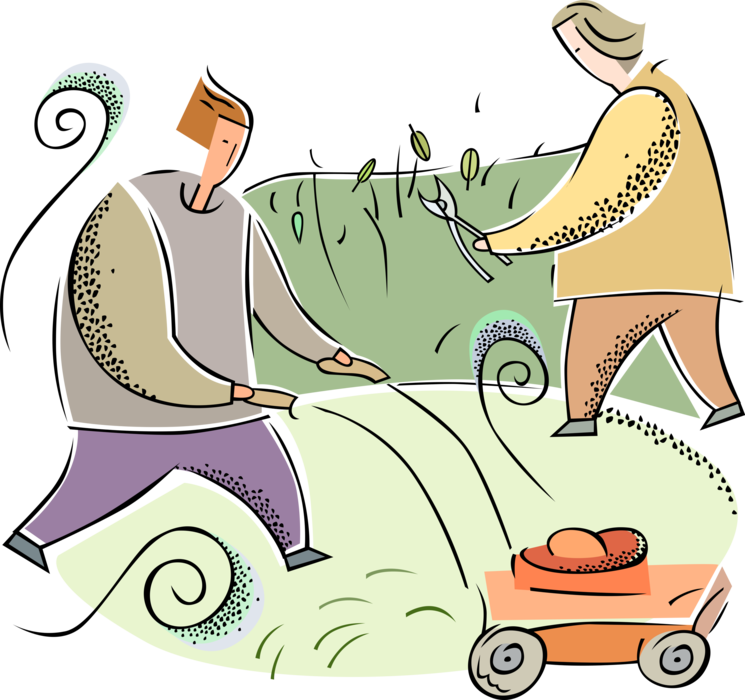 Vector Illustration of Lawn Care Yard Worker Mowing Grass with Yard Work Lawn Mower and Pruning Shears