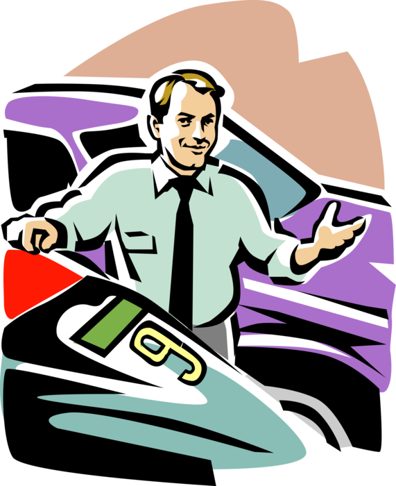 Vector Illustration of Used Car Salesman with Automobile Motor Vehicle Cars