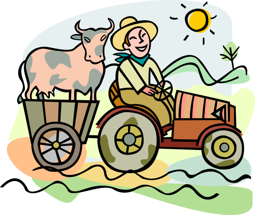 Vector Illustration of Farmer Drives Equipment Tractor with Farm Agriculture Livestock Animal Dairy Cow