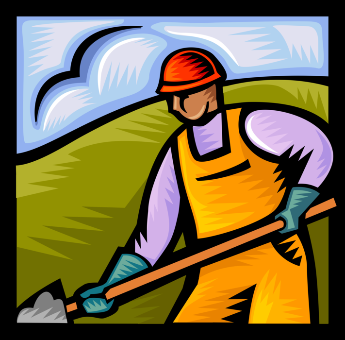 Vector Illustration of Construction Tradesman Worker with Shovel Digging on Job Site