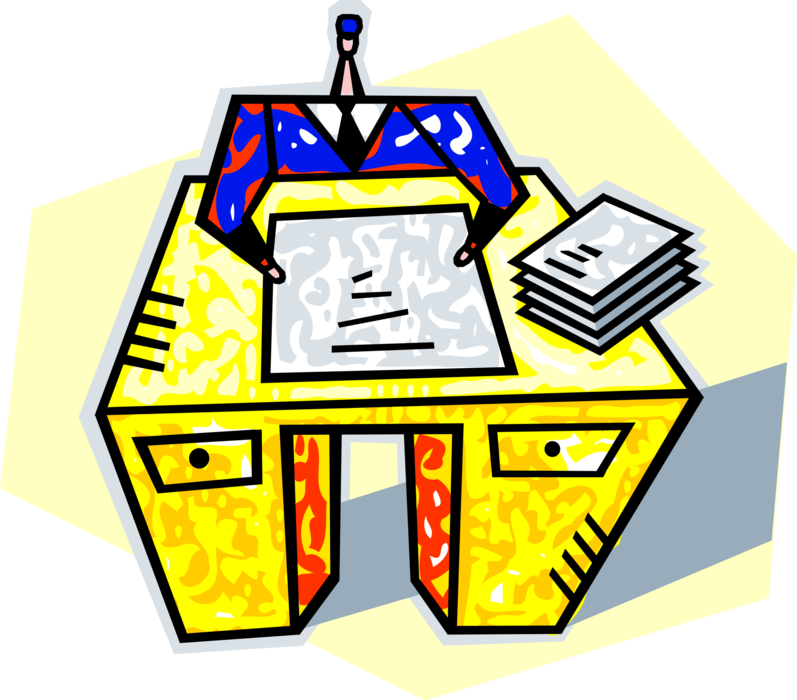 Vector Illustration of Office Worker at Desk with Paperwork Documents