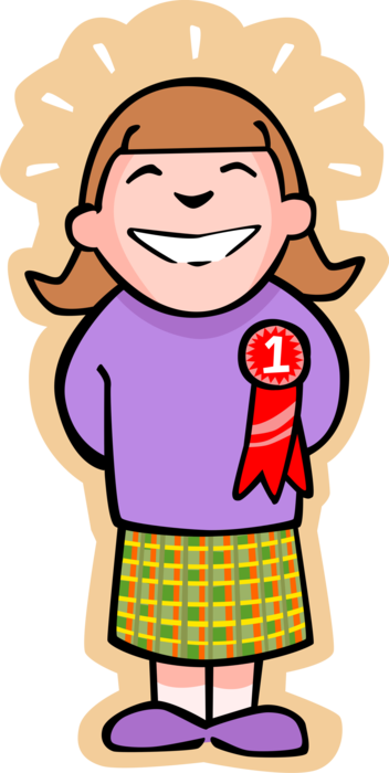 Vector Illustration of Primary or Elementary School Student Girl Receives Recognition with First Place Award Ribbon