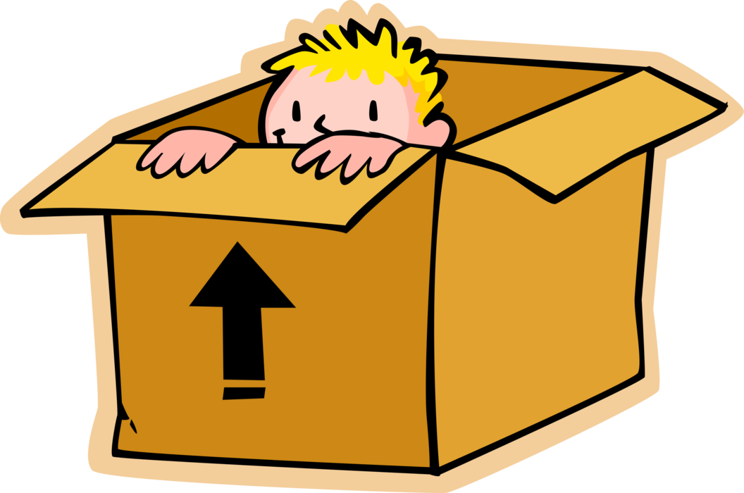 Vector Illustration of Primary or Elementary School Student Boy Hiding in Cardboard Shipping Box