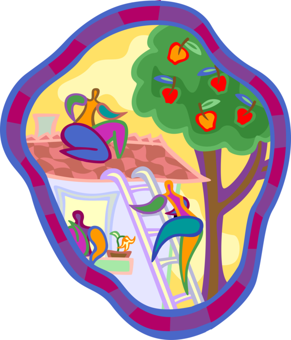 Vector Illustration of Climbing Ladder to Roof to Pick Apples from Tree