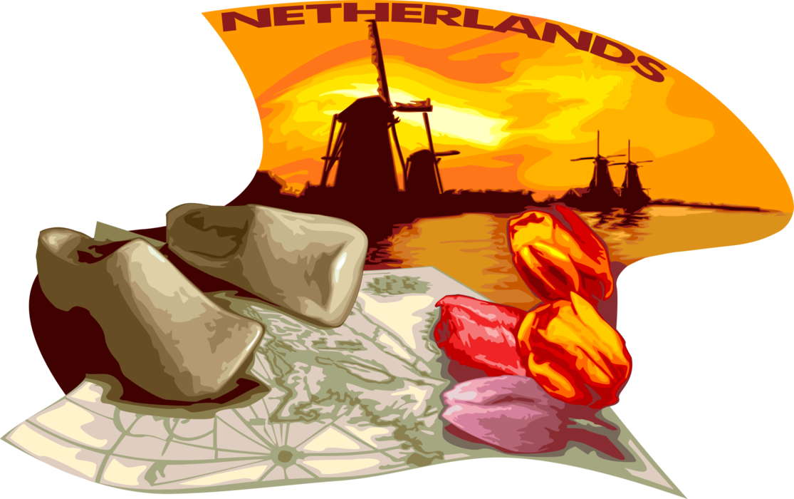 Vector Illustration of Dutch Wooden Clog Shoes, Tulip Bulbous Plants and Windmills in Holland, The Netherlands