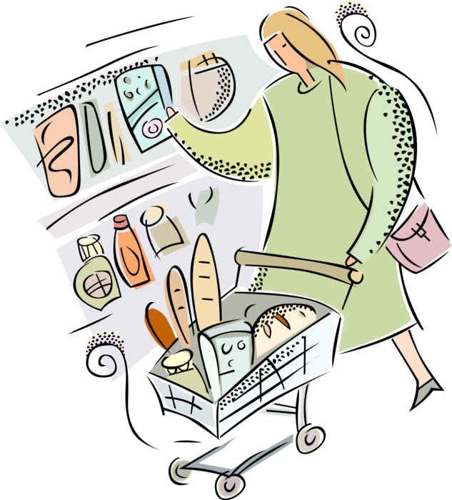 Vector Illustration of Shopper in Supermarket Grocery Store Shopping for Food Groceries