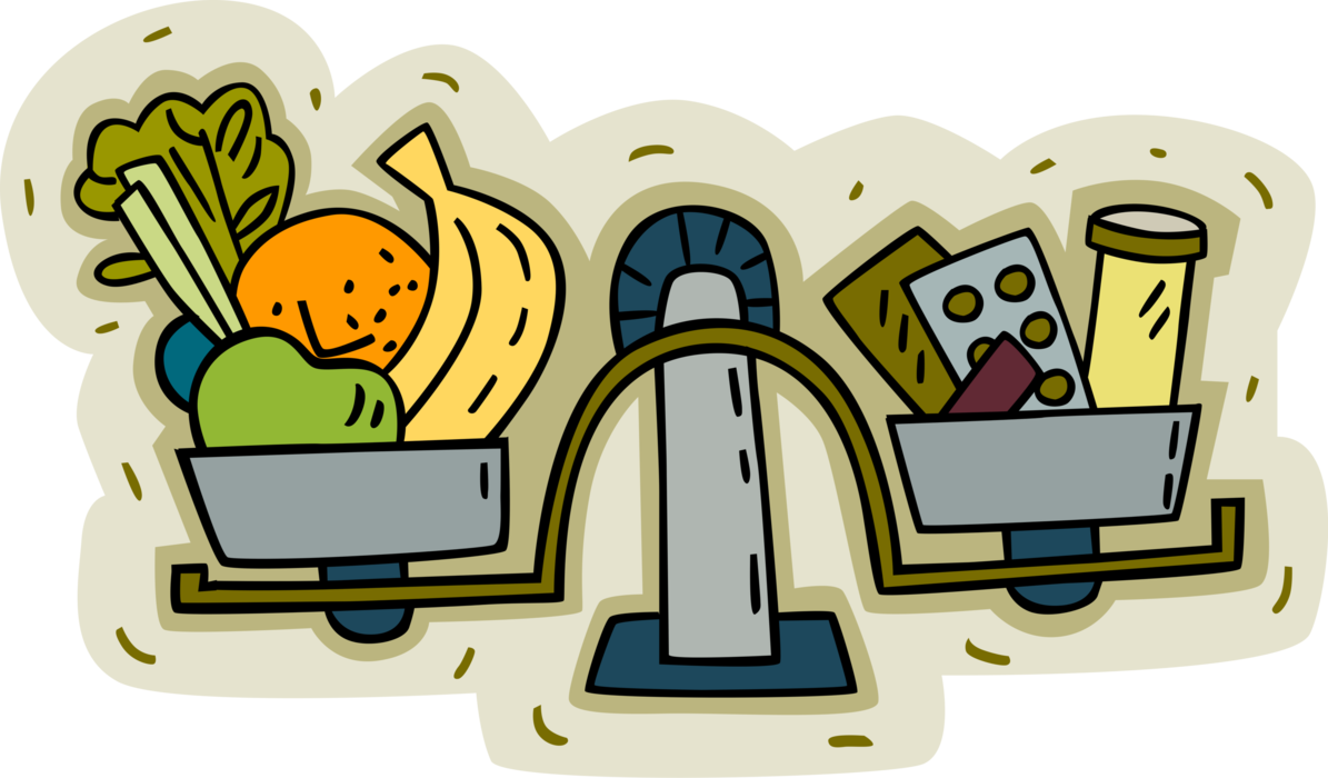 Vector Illustration of Weighing the Benefits of Healthy Diet versus Medical Drugs and Medicine