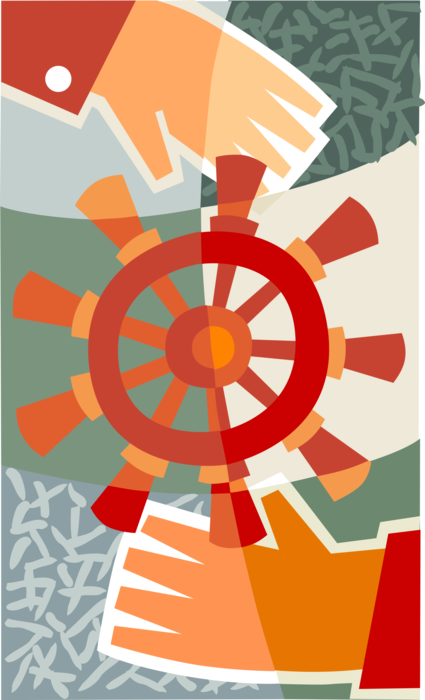 Vector Illustration of Hands at Ship's Helm Wheel or Boat's Wheel to Changes Vessel Course
