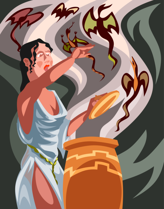 Vector Illustration of Greek Mythology Pandora Opens Pithos Jar Pandora's Box Releasing Evils of Humanity