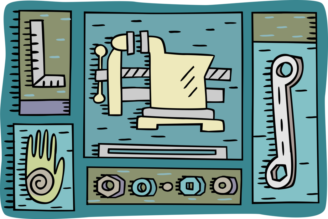 Vector Illustration of Workbench Vise or Vice with Nuts, Square and Wrench