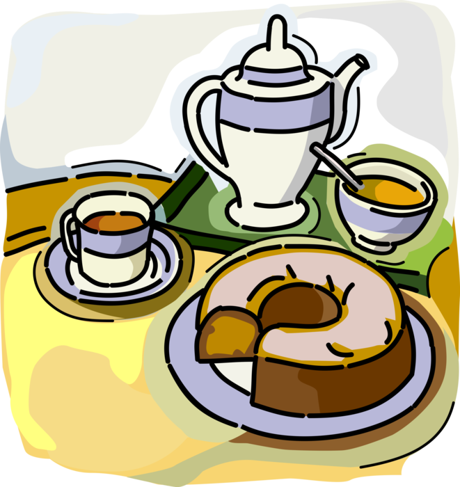 Vector Illustration of Coffee Pot and Cup with Sugar Bowl and Baked Coffee Cake Dessert