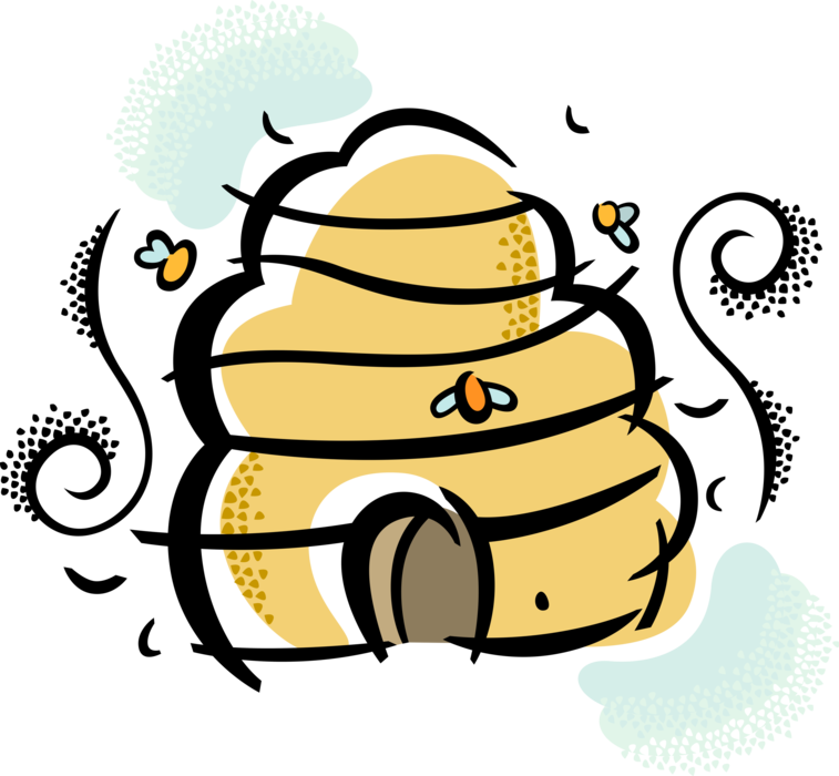 Vector Illustration of Apiary Honey Production Beehive in Tree with Honey Bees Collecting Nectar