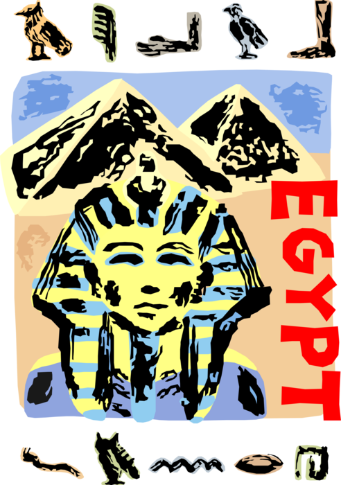 Vector Illustration of Ancient Egyptian Great Sphinx of Giza, with Pyramid of Khufu, Cairo, Egypt