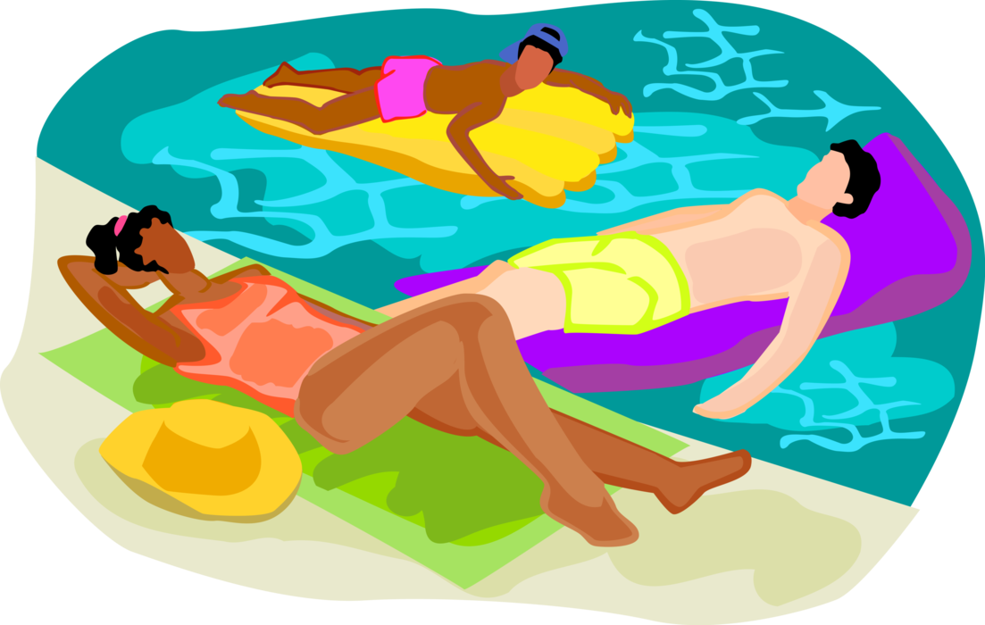 Vector Illustration of Swimmer Relaxing in Pool on Inflatable Mattresses