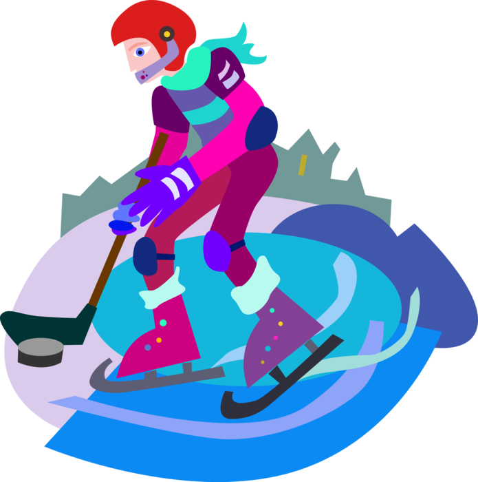 Vector Illustration of Sport of Ice Hockey Player with Stick and Puck Skates on Outdoor Rink