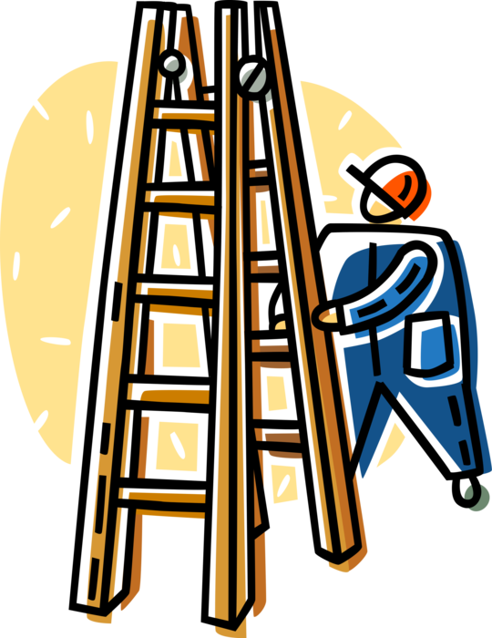 Vector Illustration of Step Ladder and Construction Worker on Building Site