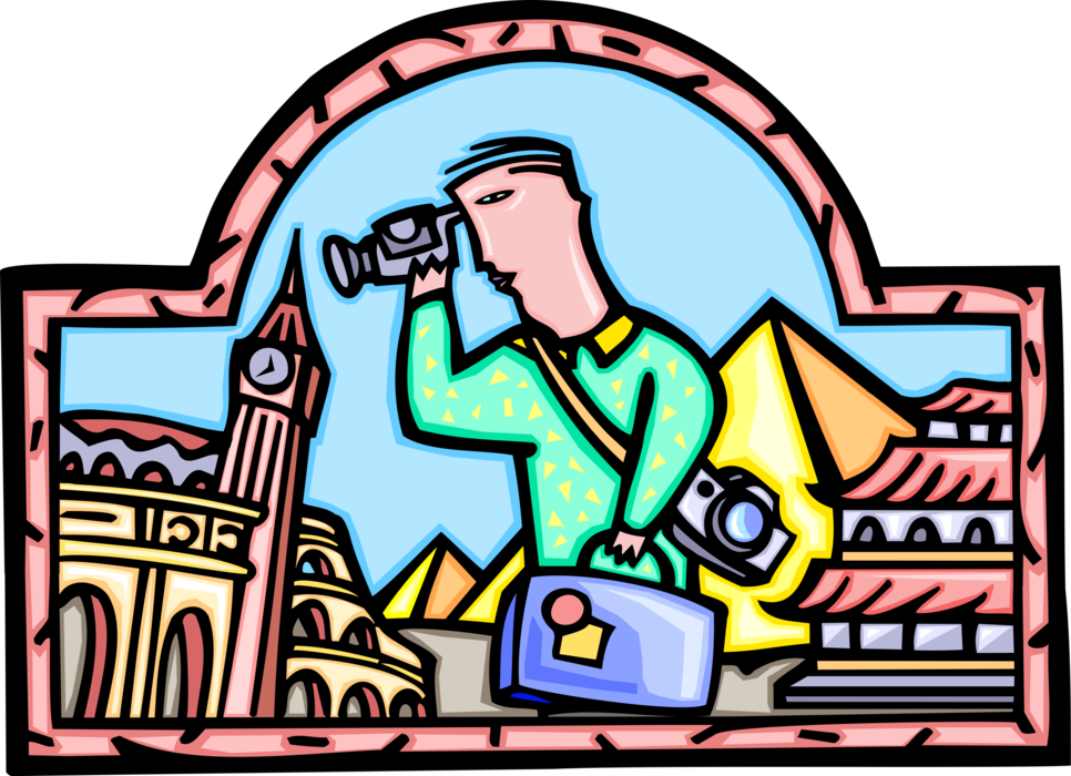 Vector Illustration of Videographer Filming Video with Videocamera While on European Vacation