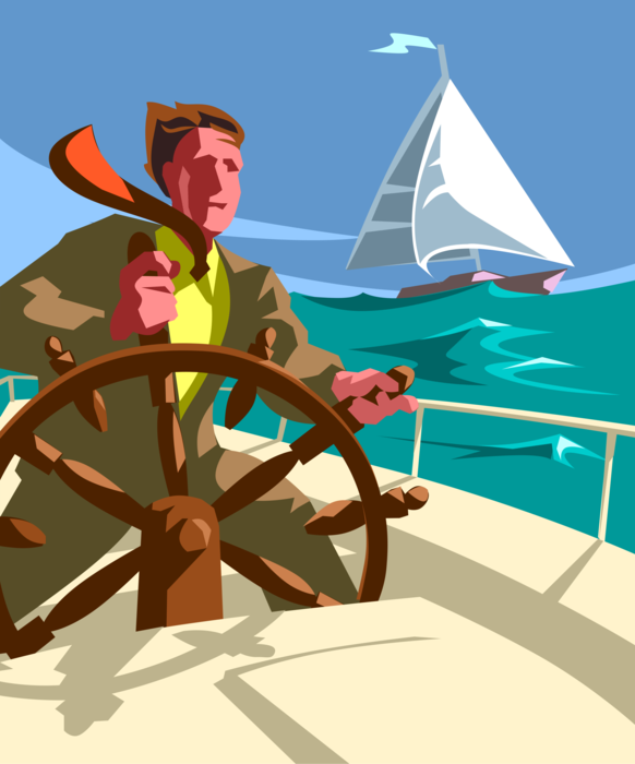 Vector Illustration of Businessman Maritime Captain at Helm with Ship's Helm Wheel Steers Vessel