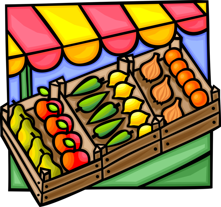 Vector Illustration of Outdoor Market Vendor Selling Fruits and Vegetables from Stand