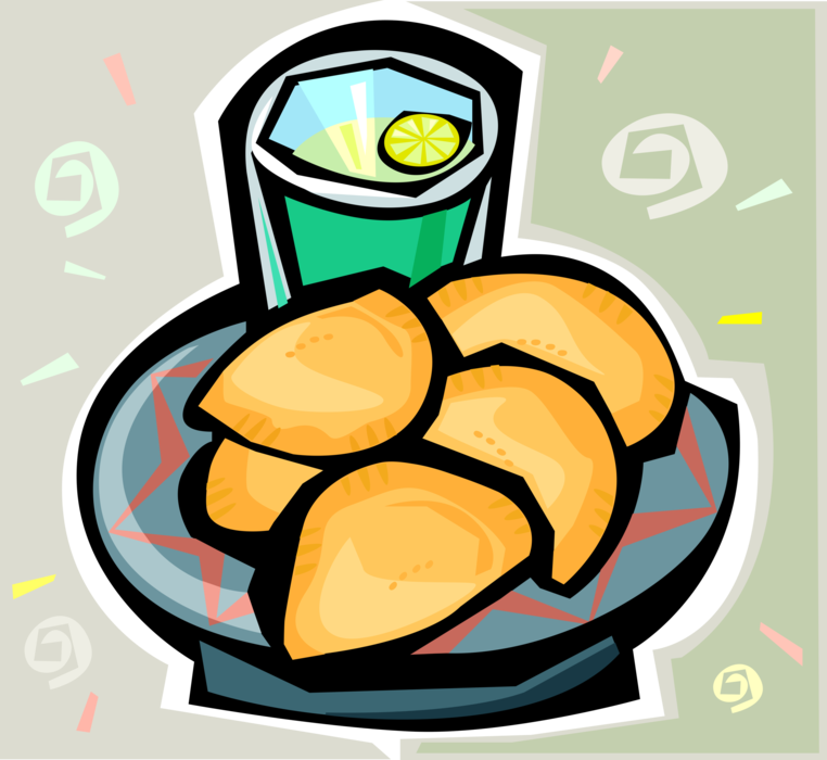 Vector Illustration of Fried Dough Turnovers Filled with Potatoes or Cheese with Beverage