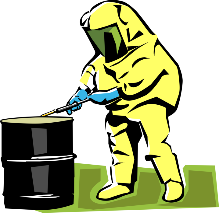 Vector Illustration of Toxic Chemicals in Sealed Drum Barrel with Toxic Chemical Spill and Contamination Hazmat Suit