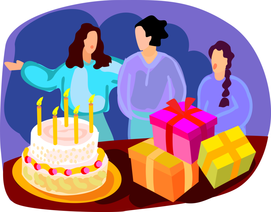 Vector Illustration of Birthday Party Celebration with Gift Wrapped Presents and Birthday Cake with Lit Candles