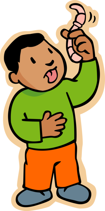Vector Illustration of Primary or Elementary School Student Boy Eats Worm on Dare