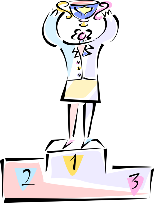 Vector Illustration of Winner with Winning Trophy Stands on Podium