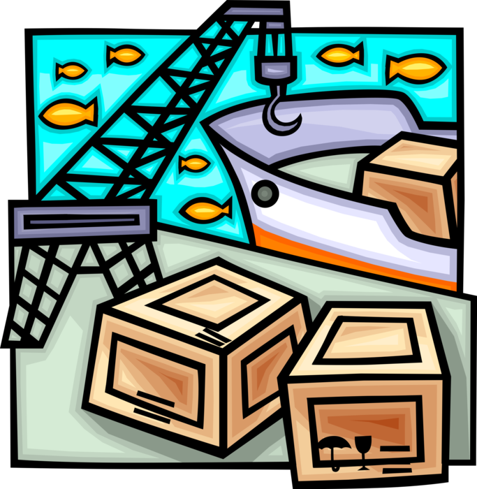 Vector Illustration of Loading Dock with Crane and Cargo Ship or Freighter Carrying Goods and Materials