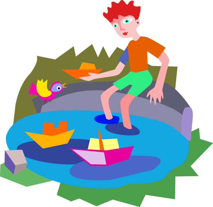 Vector Illustration of Playing with Toy Boats in Wading Pool