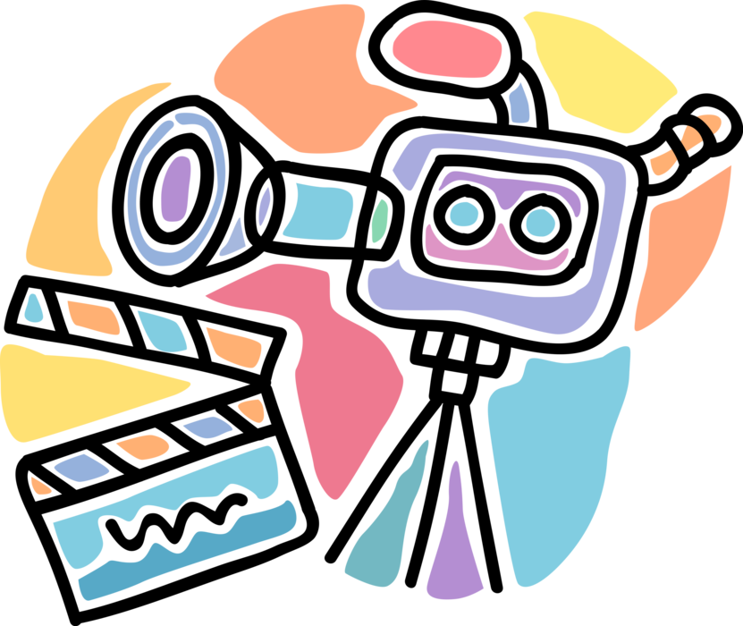 Vector Illustration of Motion Picture Camera with Filmmaking and Video Production Clapperboard