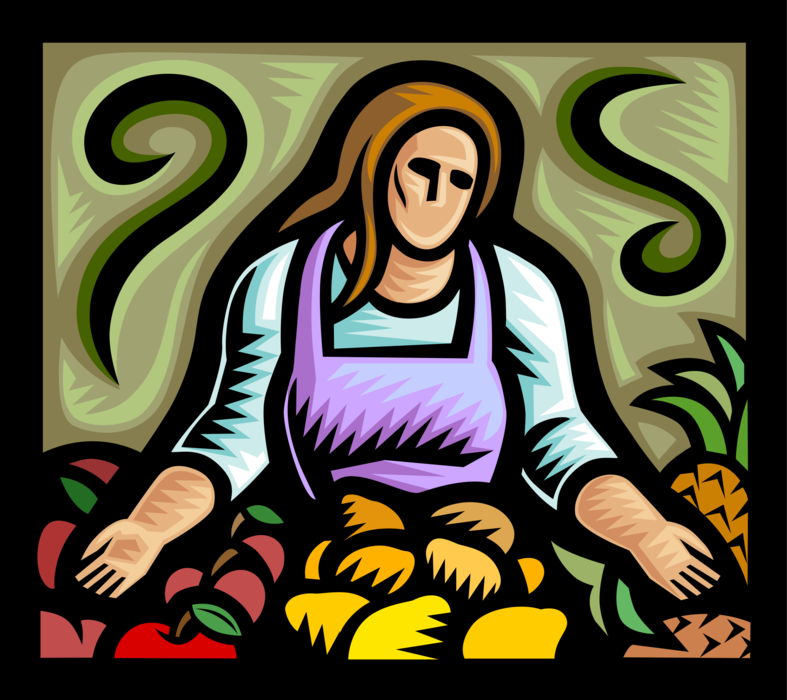 Vector Illustration of Farmer's Market Produce Vendor Sells Fresh Fruits at Outdoor Stall