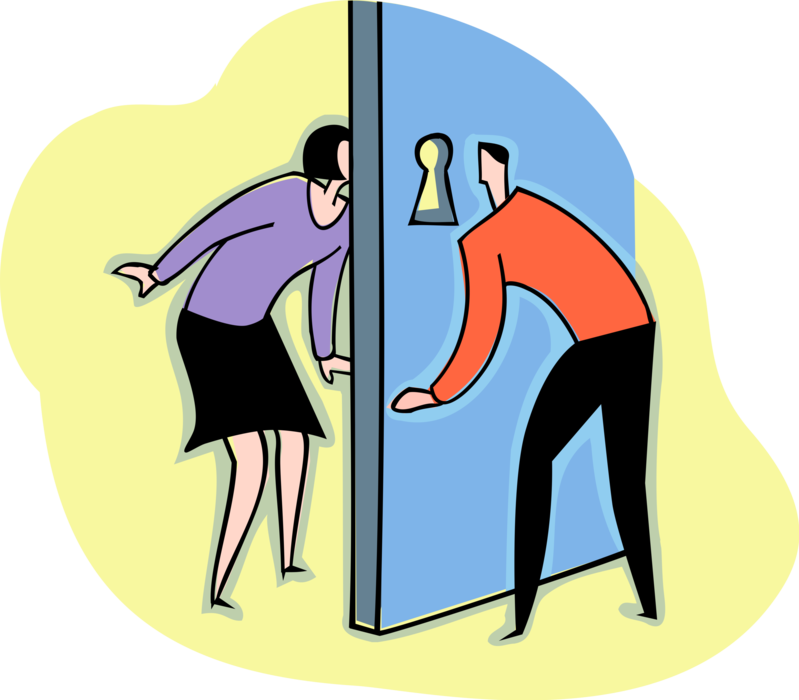 Vector Illustration of Colleagues Peer Through Door Keyhole at Each Other