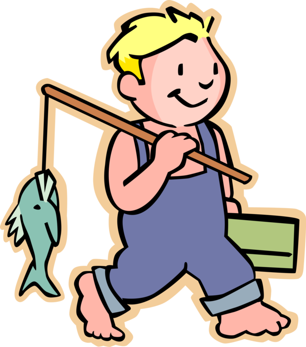 Vector Illustration of Barefooted Primary School Boy Catches Fish with Fishing Pole