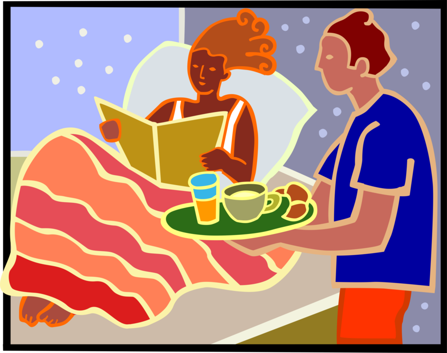 Vector Illustration of Husband Serves Breakfast in Bed to Wife