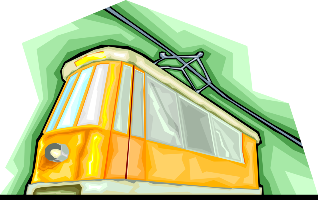 Vector Illustration of Streetcar or Tram Carries Passengers and Commuters on City Street 