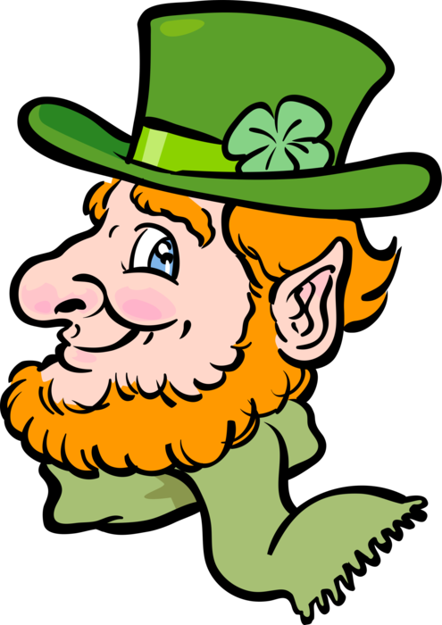Vector Illustration of St Patrick's Day Irish Leprechaun Head with Four-Leaf Clover Lucky Shamrock