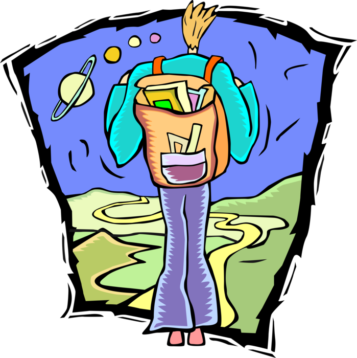 Vector Illustration of Backpacker on Journey Through the Galaxy with School Knapsack and Schoolbooks