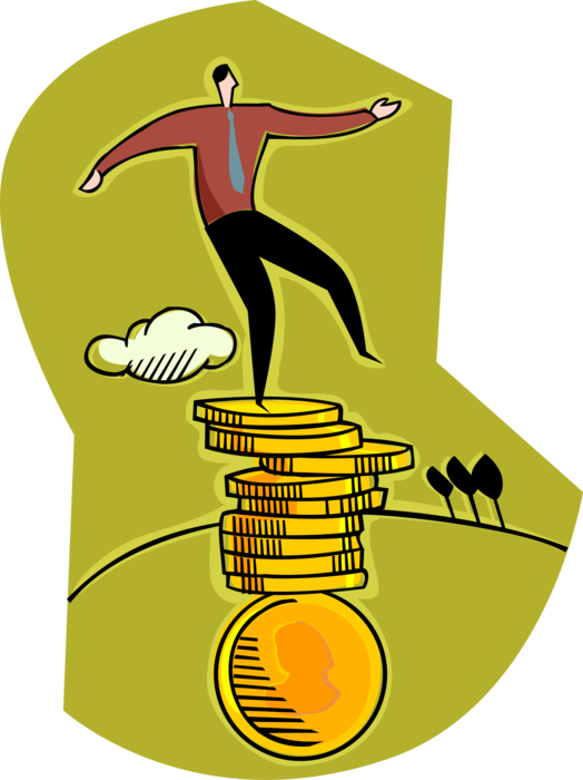 Vector Illustration of Businessman Balancing Precariously on Money Coins