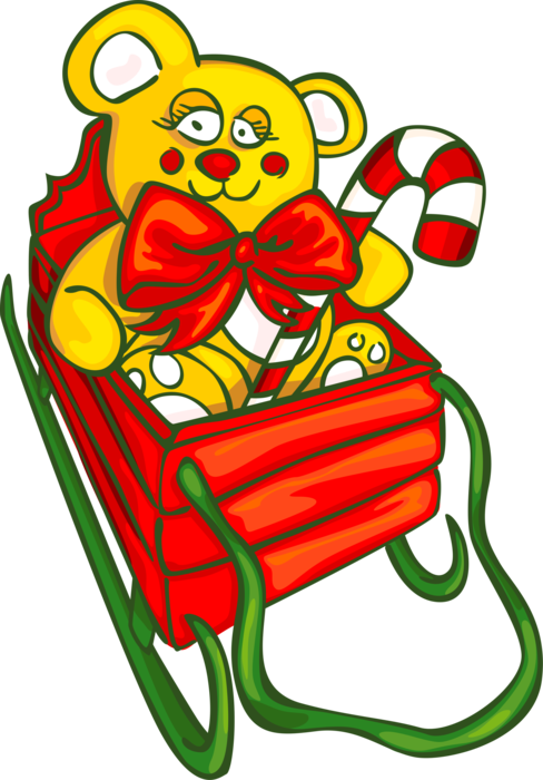 Vector Illustration of Santa's Sleigh with Christmas Gift Present Stuffed Animal Teddy Bear